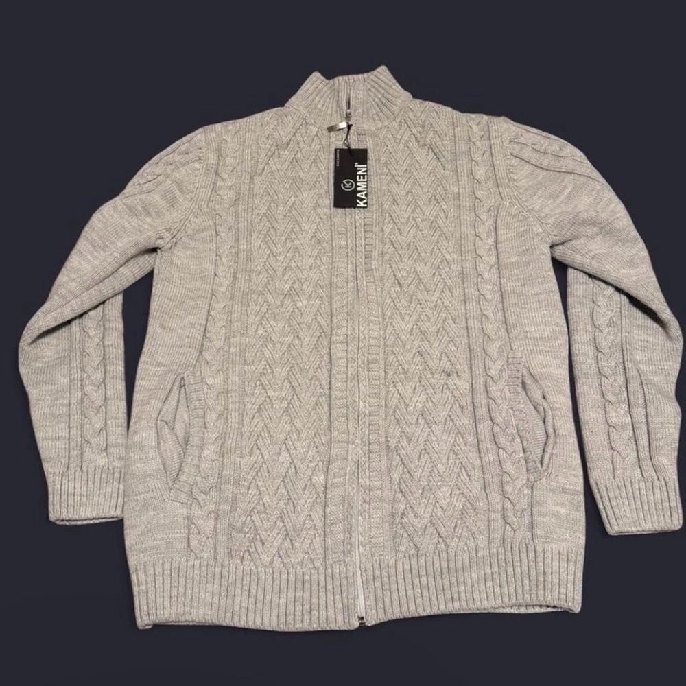 Men's Zip-Up Cable Knit Sweater - Light Gray